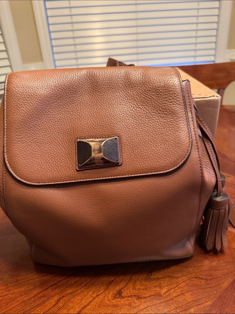 DKNY Brown Pebbled Leather Backpack with Tassel